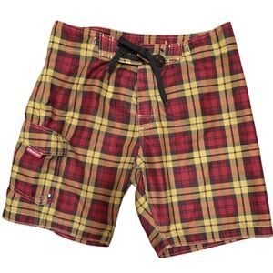Retro Burton Yellow Red Plaid Board Shorts Mens Size M